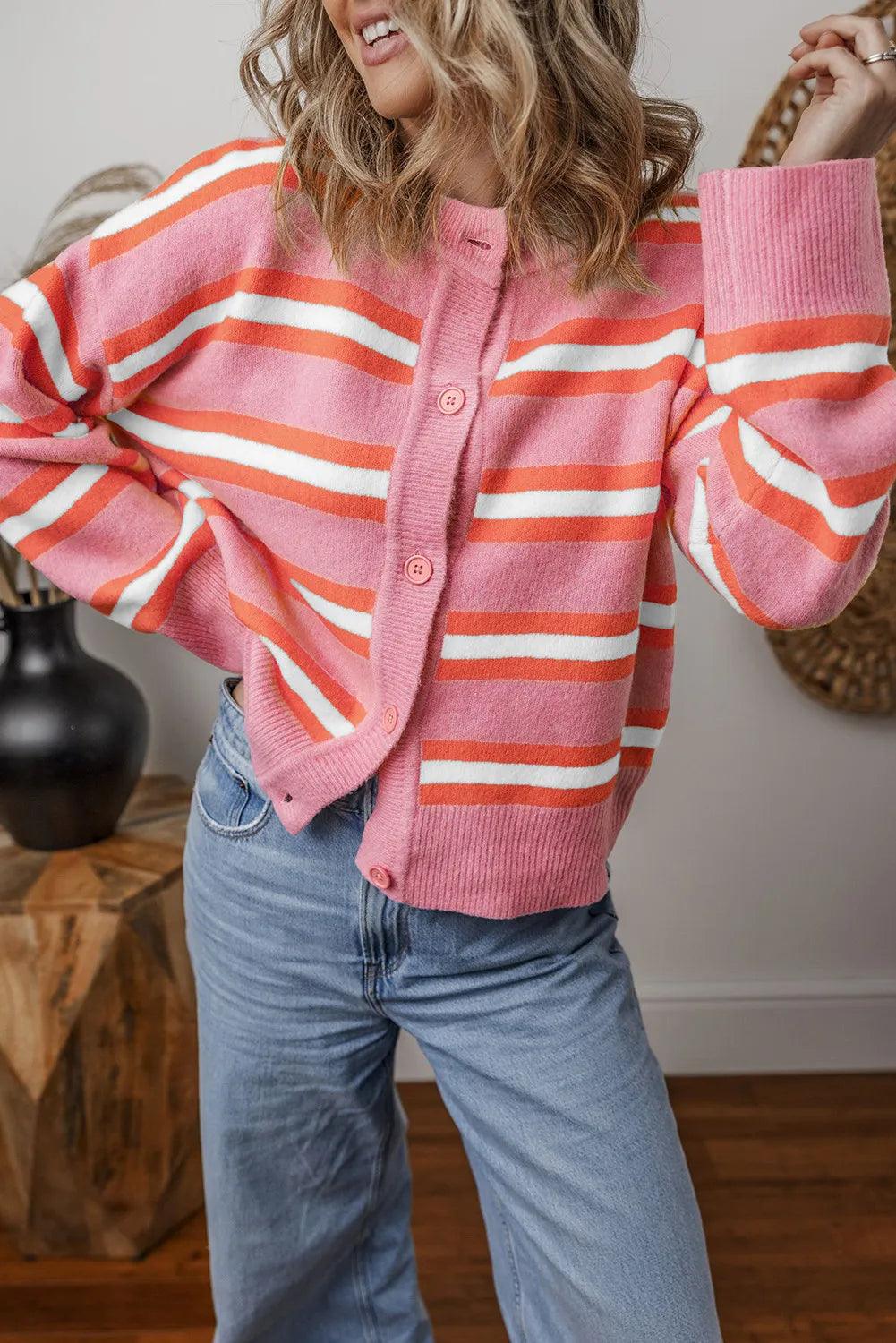 Striped Button Up Long Sleeve Cardigan Blush Pink