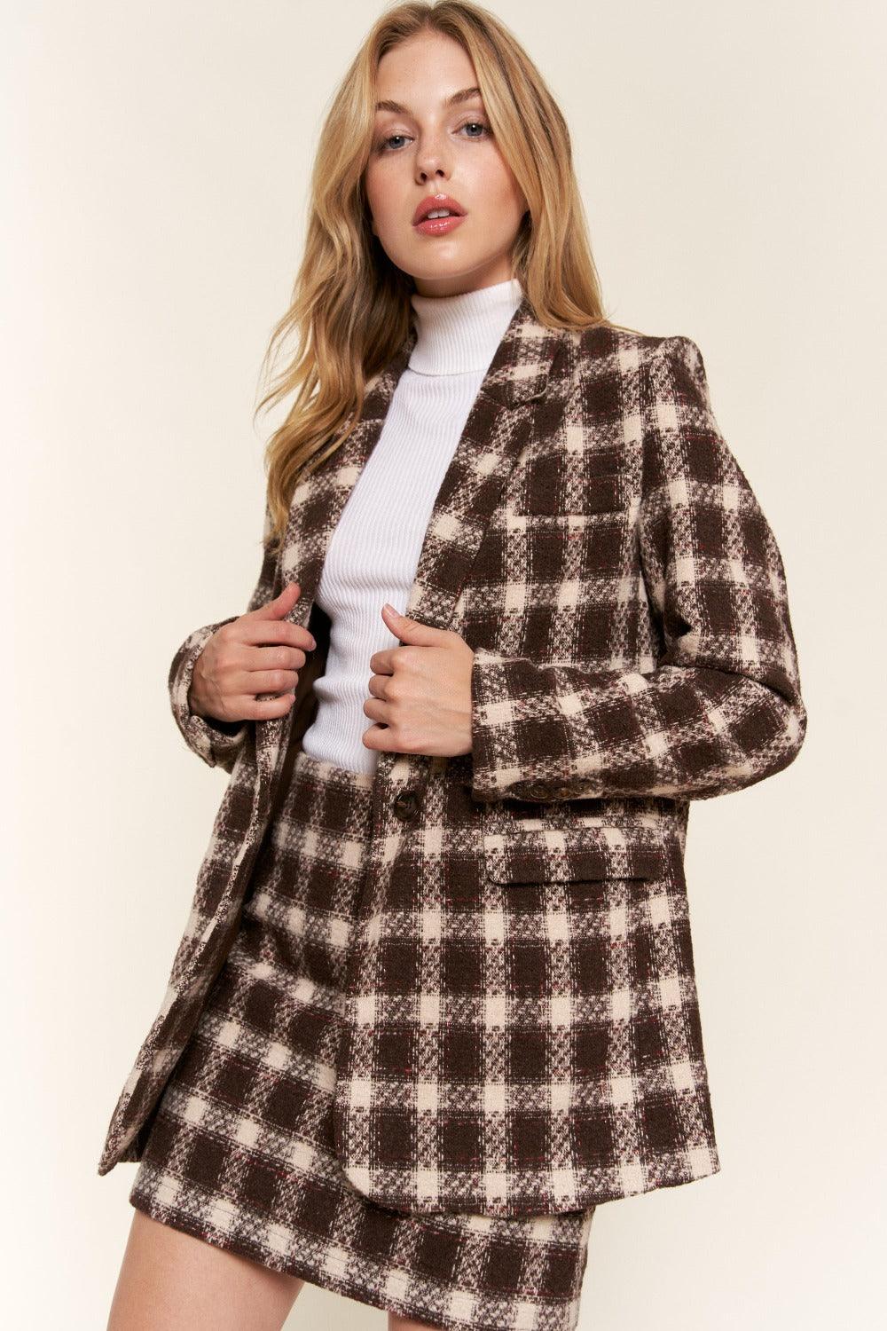 And The Why Full Size Plaid Brushed One Button Blazer Brown