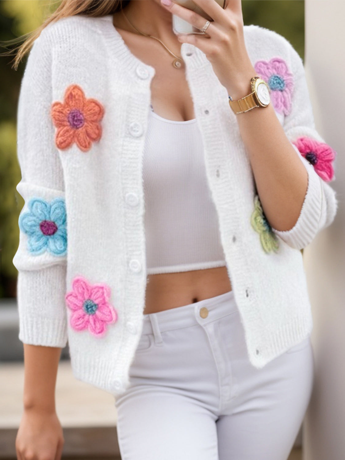 Flower Dropped Shoulder Long Sleeve Cardigan White