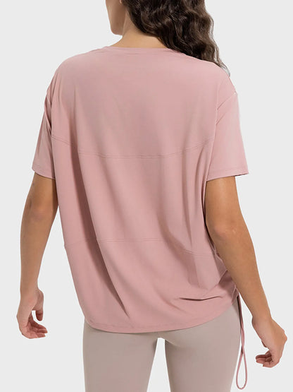 Drawstring Round Neck Short Sleeve Active T-Shirt Dusty Pink