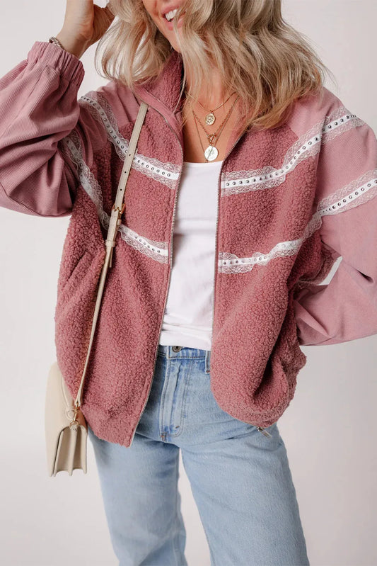 Fuzzy Lace Detail Zip Up Long Sleeve Jacket Dusty Pink