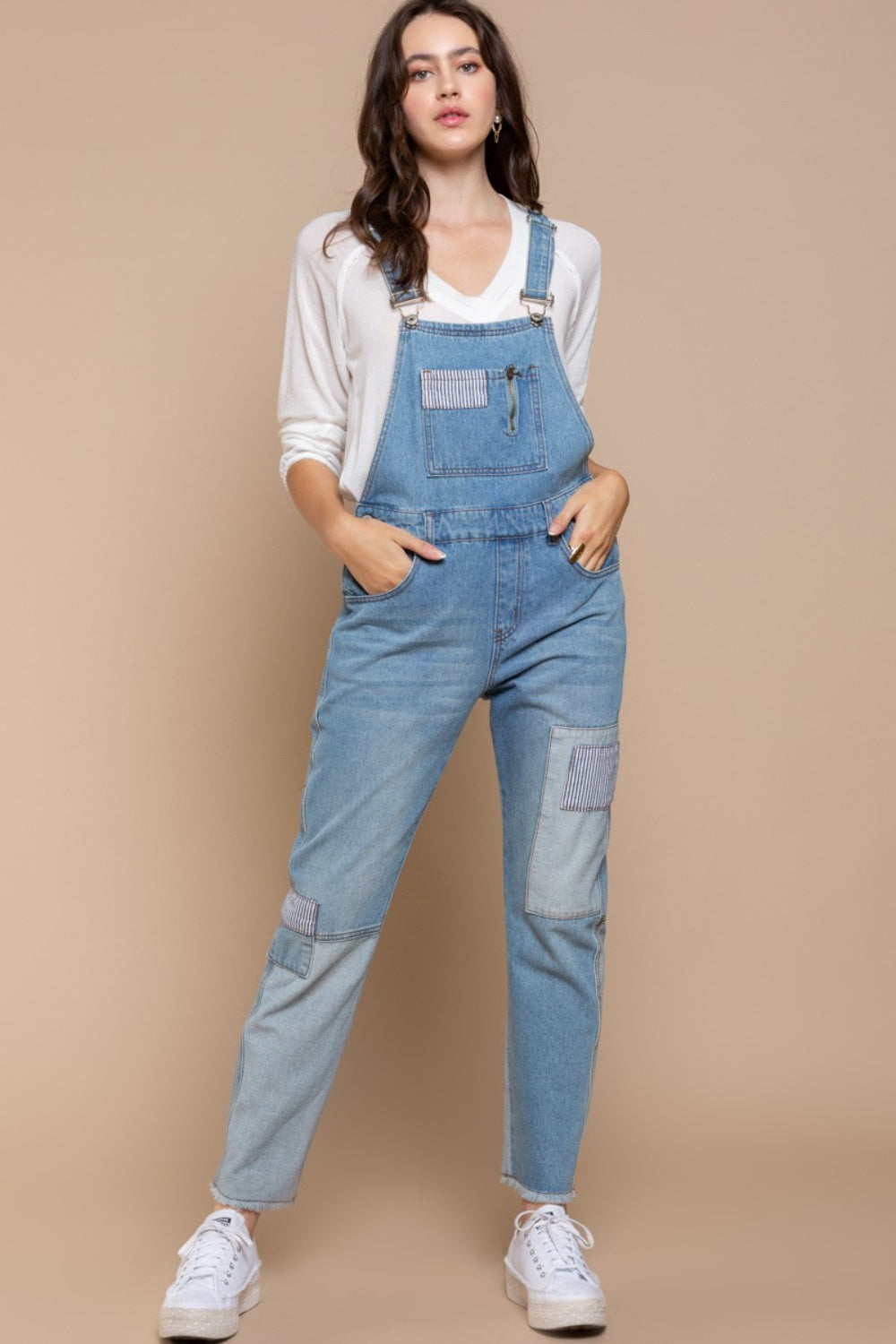 POL Front Chest Zipper Slim Leg Denim Overalls Denim