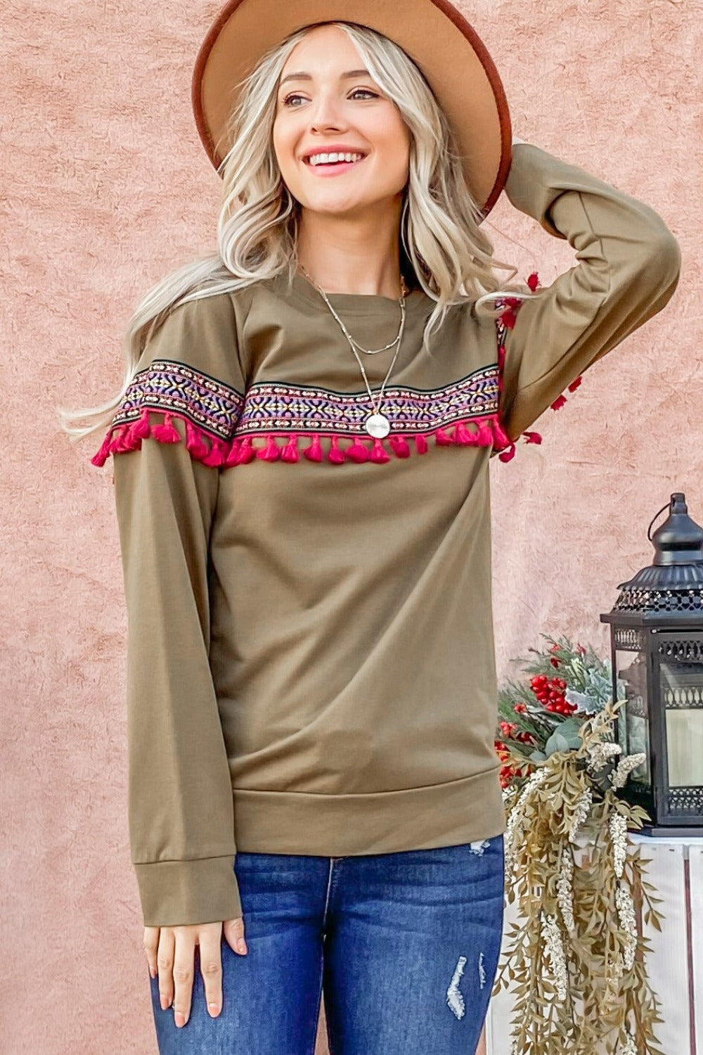 And The Why Ethnic Ribbon Tassel Trim Top Olive