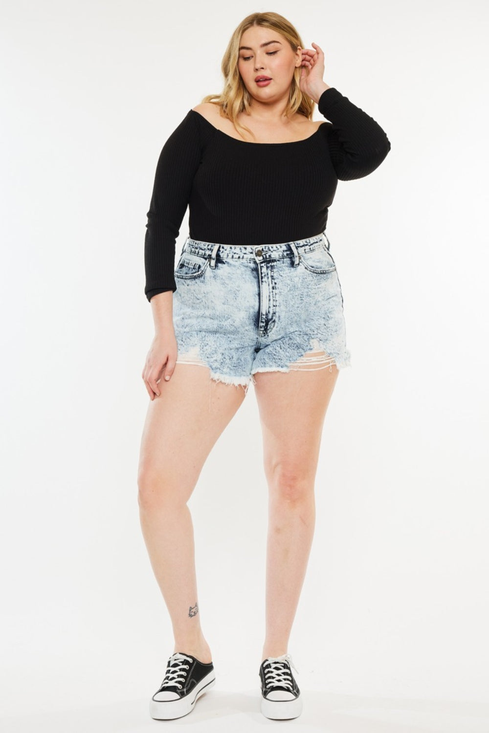 Kancan Full Size Distressed High Waist Denim Shorts Acid