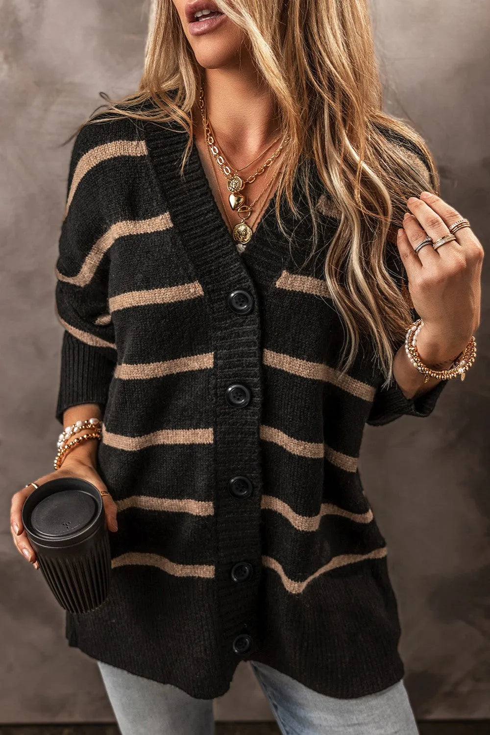 Striped Button Up Dropped Shoulder Cardigan Black