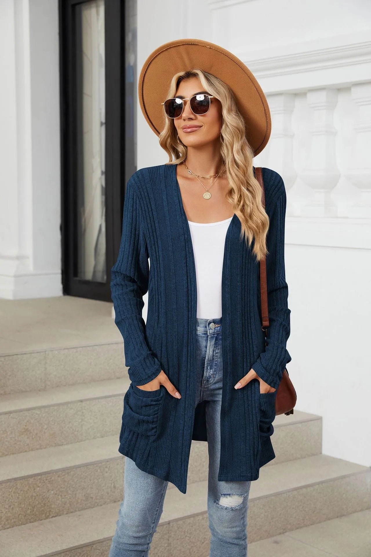 Pocketed Open Front Long Sleeve Cardigan Peacock Blue