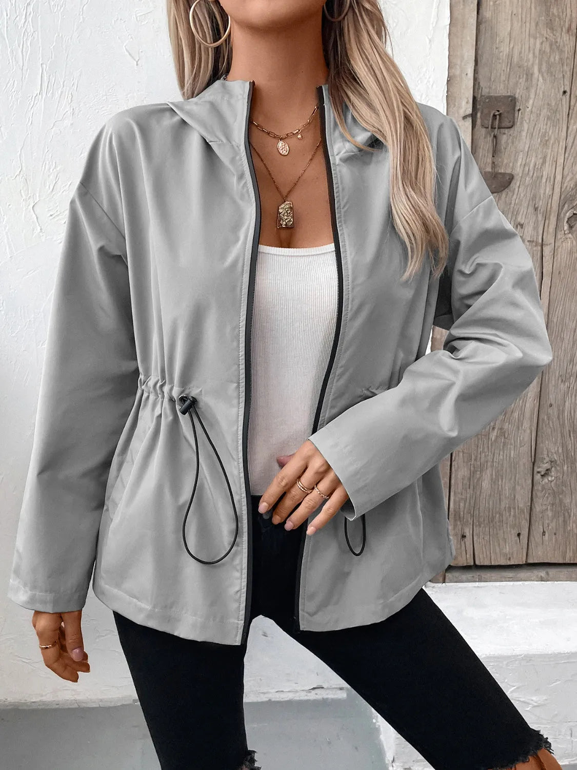 Drawstring Zip Up Hooded Jacket Gray