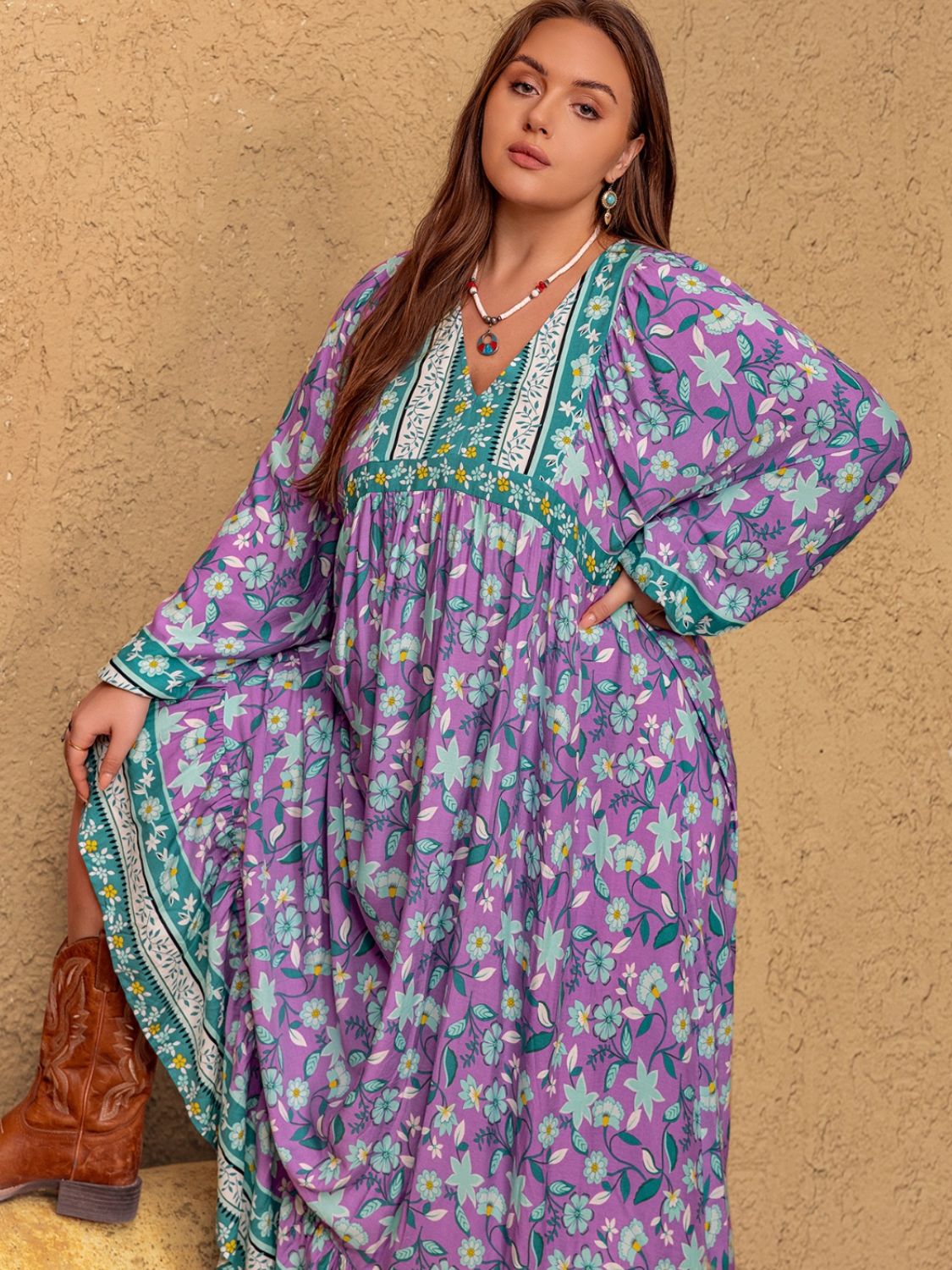 Plus Size Printed V-Neck Long Sleeve Maxi Dress Mauve