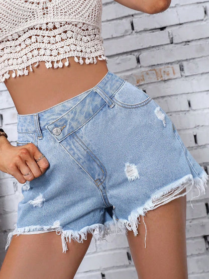 Distressed Raw Hem Denim Shorts Light