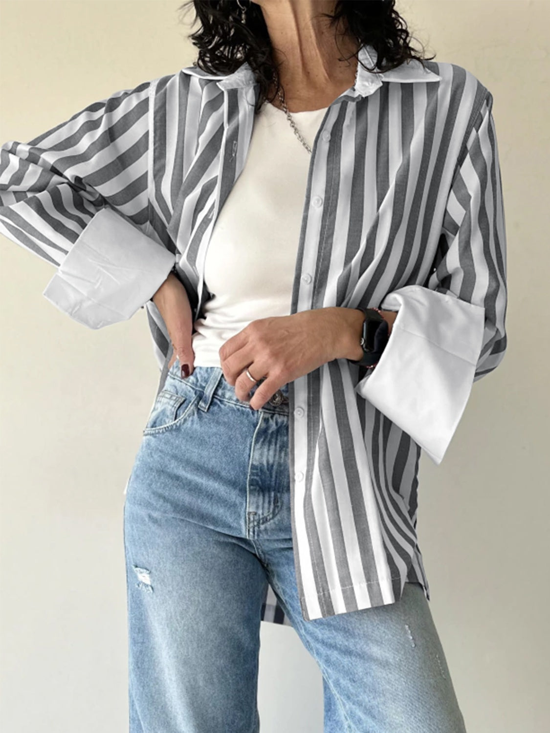 Striped Collared Neck Long Sleeve Shirt Stripe