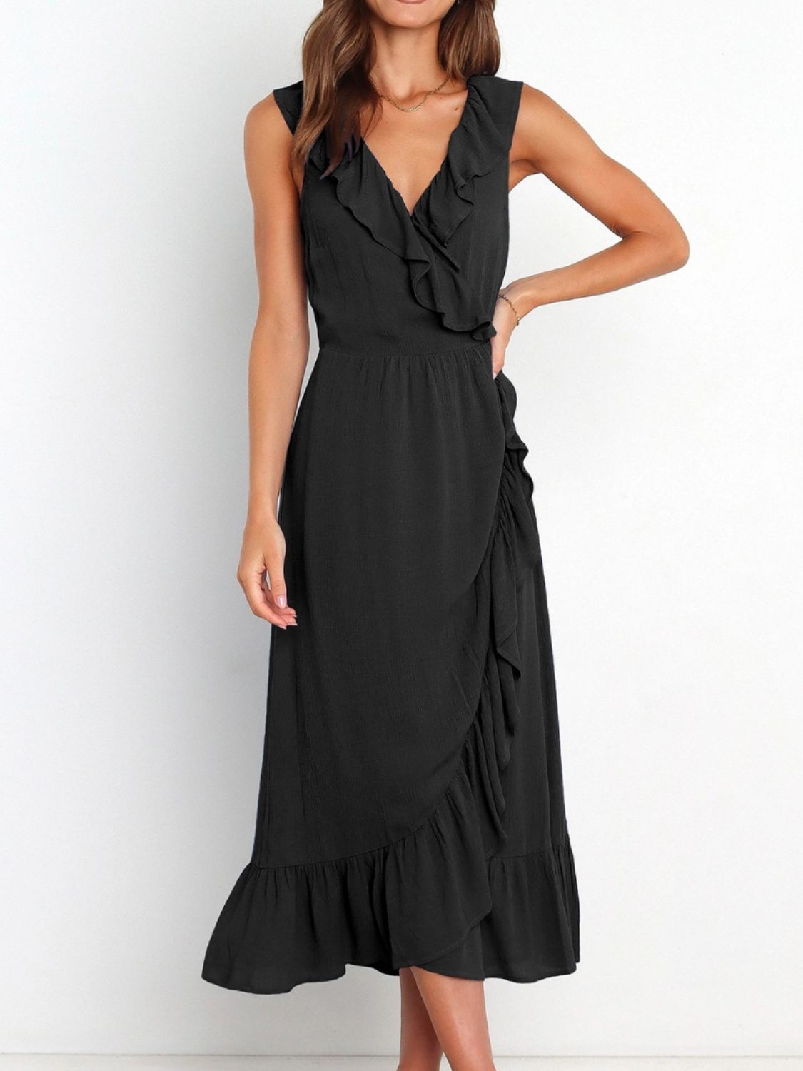 Ruffled Surplice Sleeveless Midi Dress Black