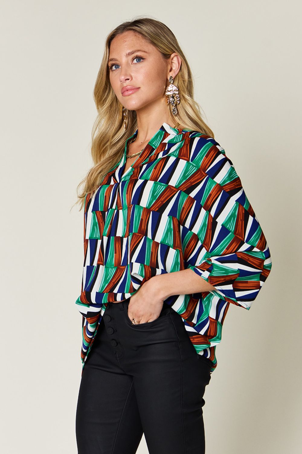 Double Take Full Size Geometric Notched Dolman Sleeve Top Turquoise