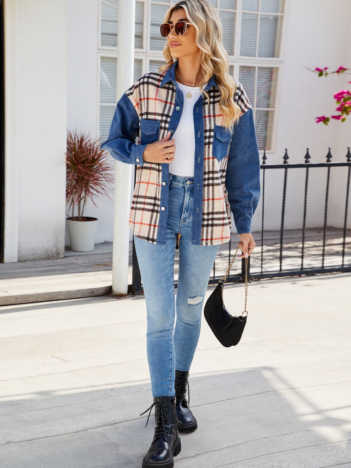 Plaid Long Sleeve Denim Jacket Dusty Blue