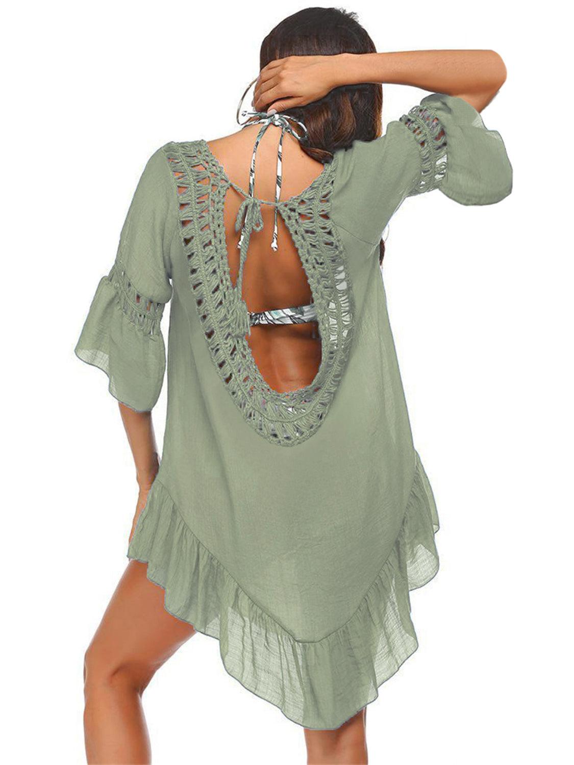 Backless Cutout Three-Quarter Sleeve Cover Up Sage One Size