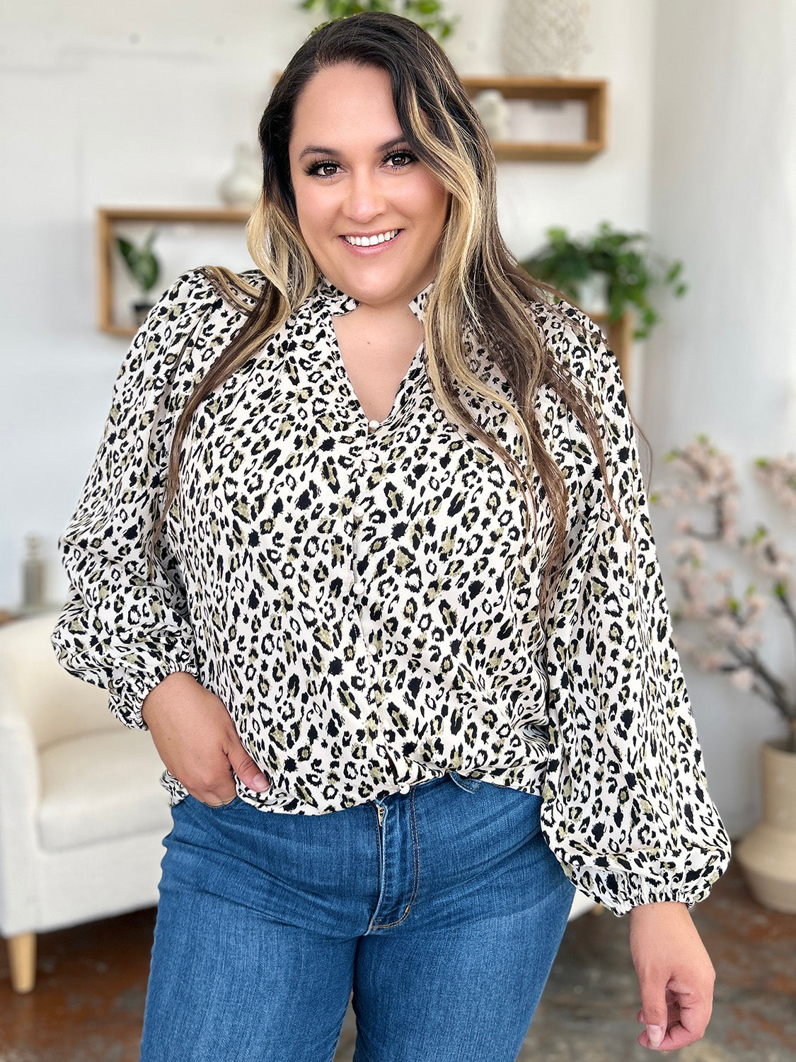 Double Take Full Size Leopard Long Sleeve Blouse White