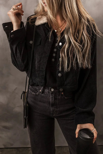 Fuzzy Collared Neck Button Down Jacket Black