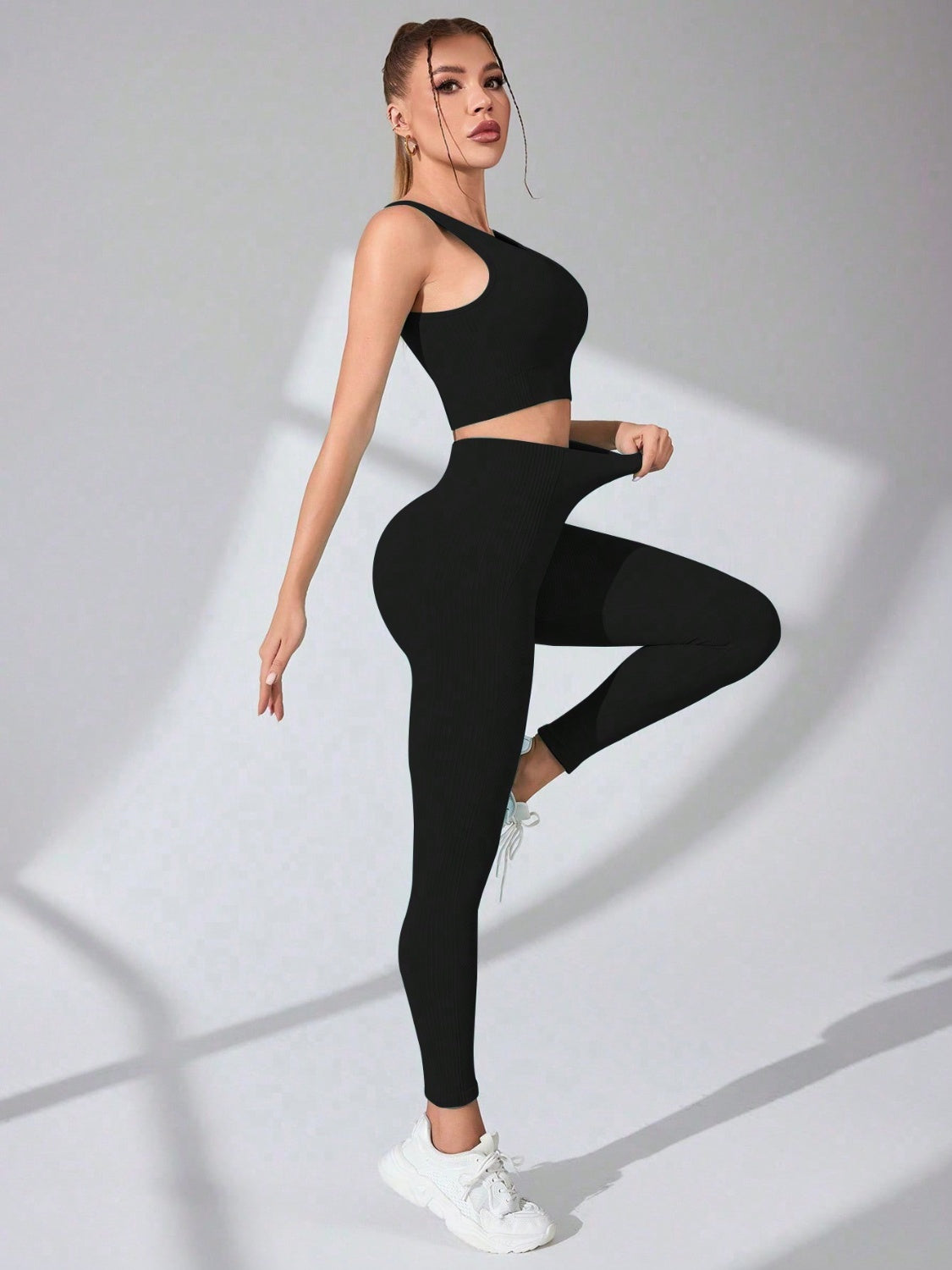 Scoop Neck Wide Strap Top and Pants Active Set Black