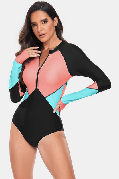 Color Block Half Zip Long Sleeve One-Piece Swimwear Burnt Coral