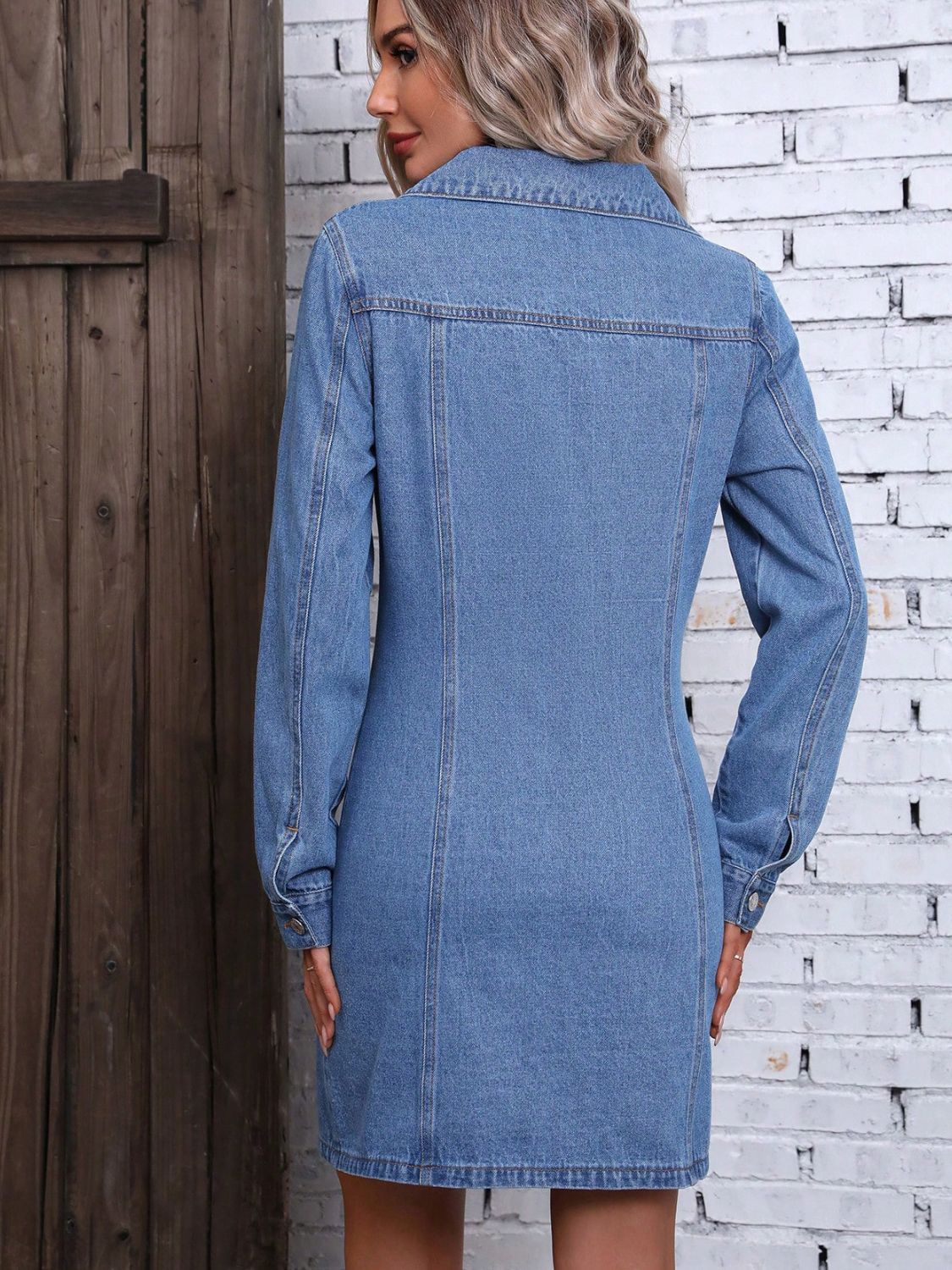 Ruched Button Up Long Sleeve Denim Dress Medium