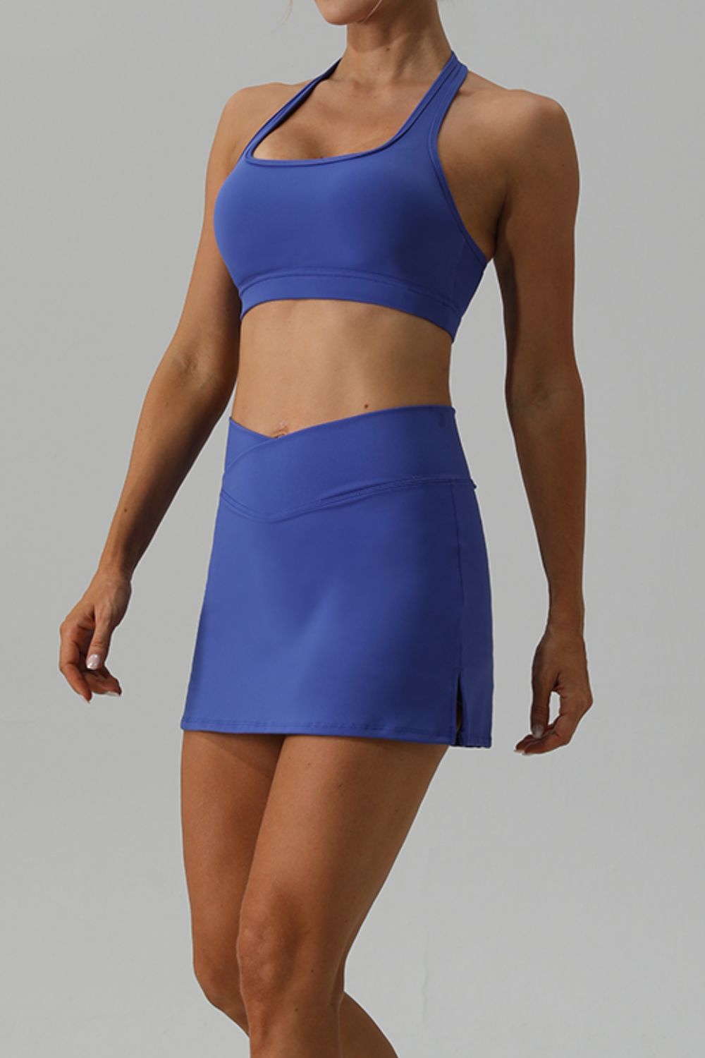 Halter Neck Tank and Slit Skirt Active Set Blue