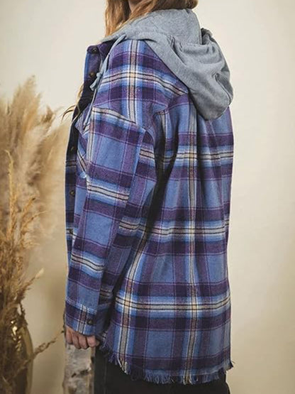 Raw Hem Plaid Long Sleeve Hooded Jacket Mocha