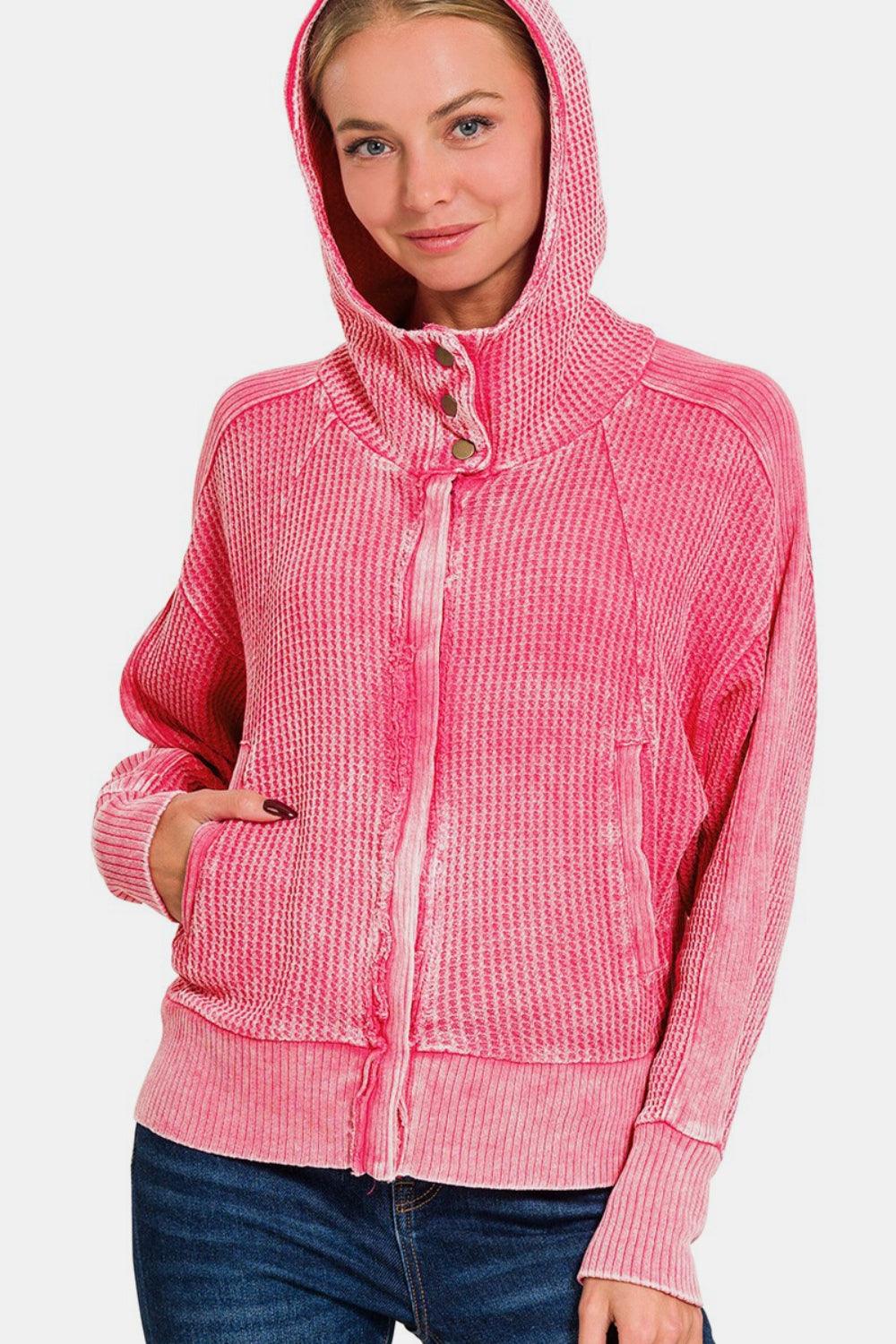 Zenana Washed Zip Up Hooded Jacket Fuchsia