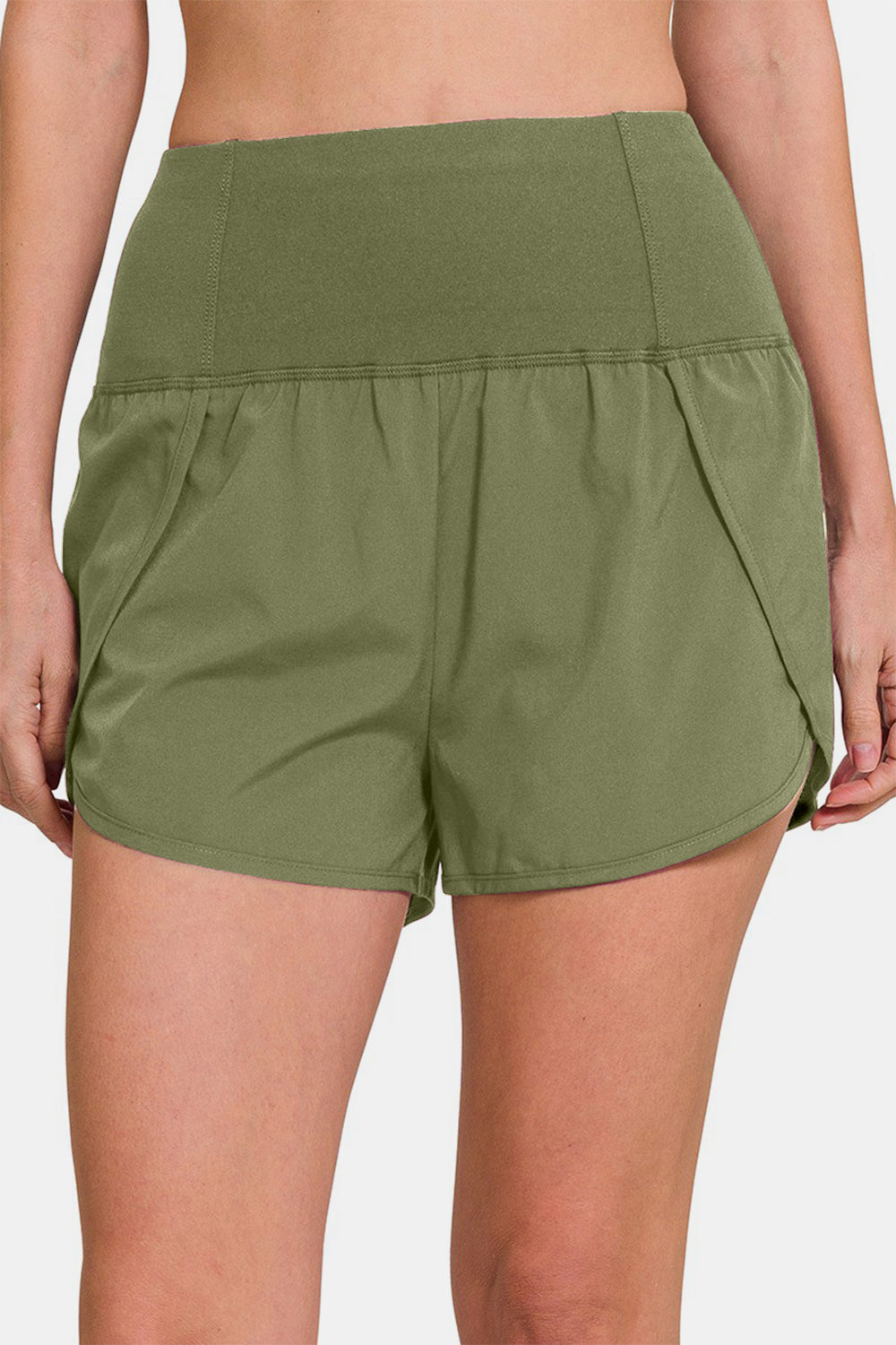 Zenana High-Waisted Zippered Back Pocket Active Shorts Lt Olive