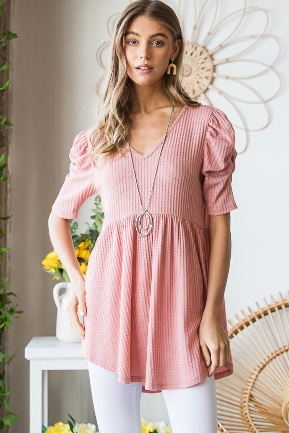 Heimish Full Size Waffle Knit V-Neck Babydoll Top ROSE