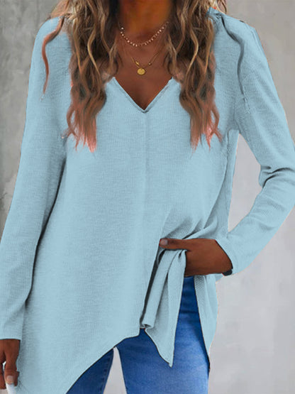 Full Size V-Neck Long Sleeve T-Shirt Pastel Blue