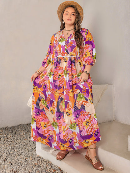 Plus Size Printed Tie Neck Maxi Dress Multicolor