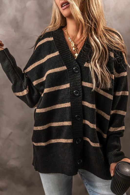 Striped Button Up Dropped Shoulder Cardigan Black