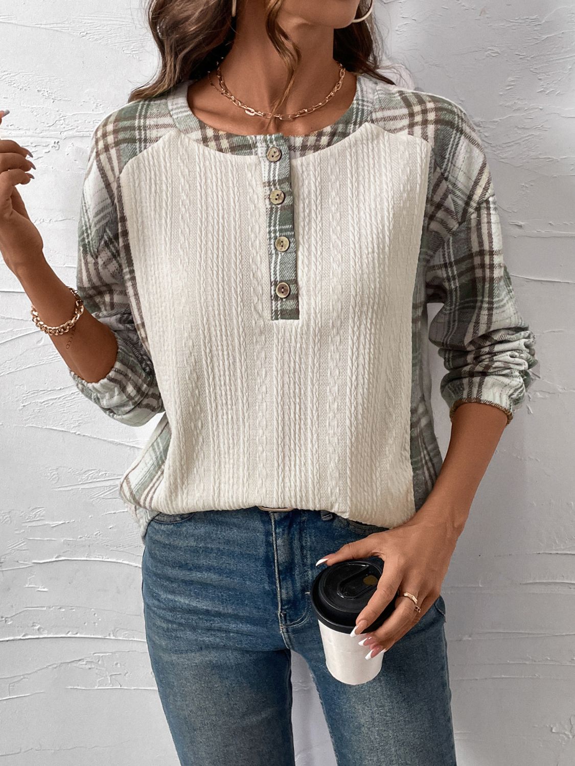 Perfee Plaid Half Button Long Sleeve T-Shirt Cream