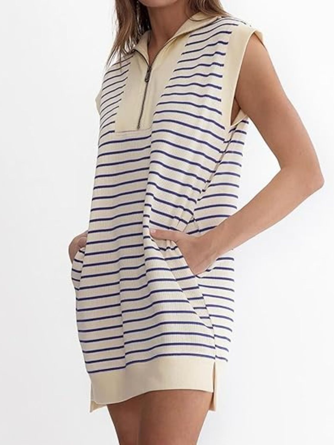 Full Size Pocketed Striped Quarter Zip Cap Sleeve Dress Blue