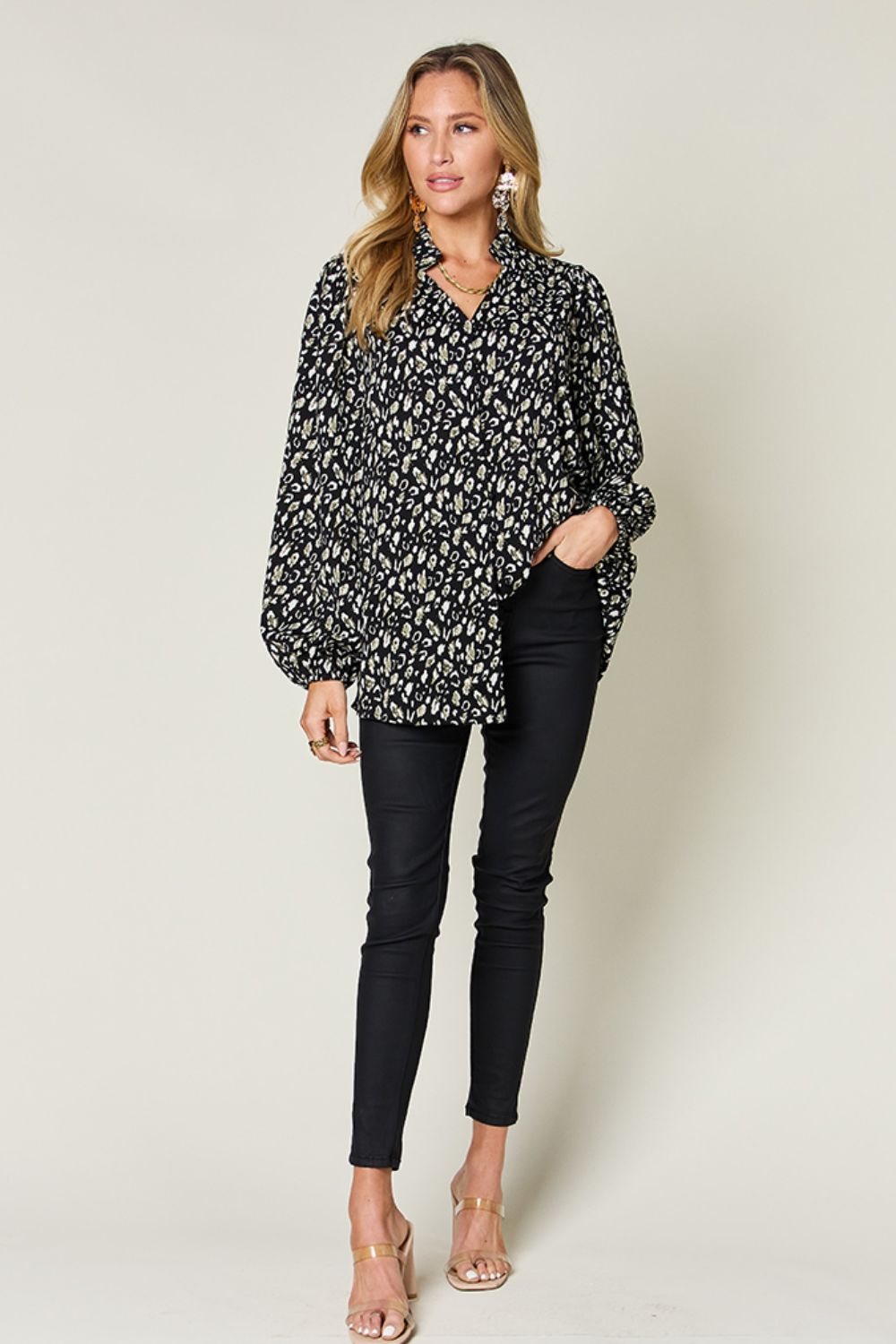 Double Take Full Size Leopard Long Sleeve Blouse Black