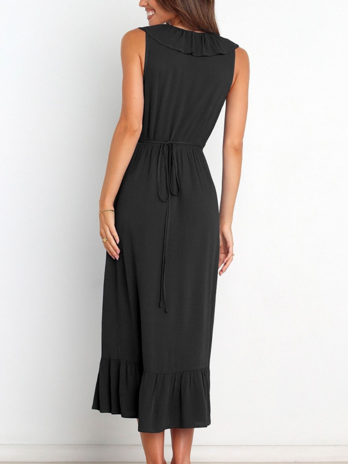 Ruffled Surplice Sleeveless Midi Dress Black