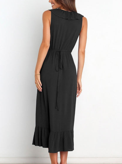 Ruffled Surplice Sleeveless Midi Dress Black