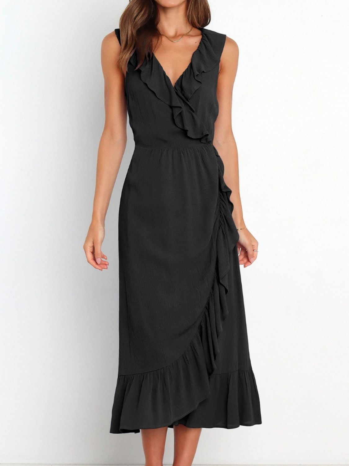 Ruffled Surplice Sleeveless Midi Dress Black