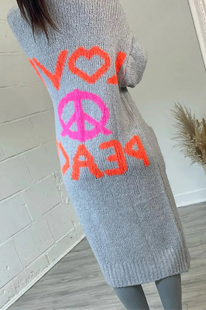 Peace Sign Long Sleeve Cardigan Gray