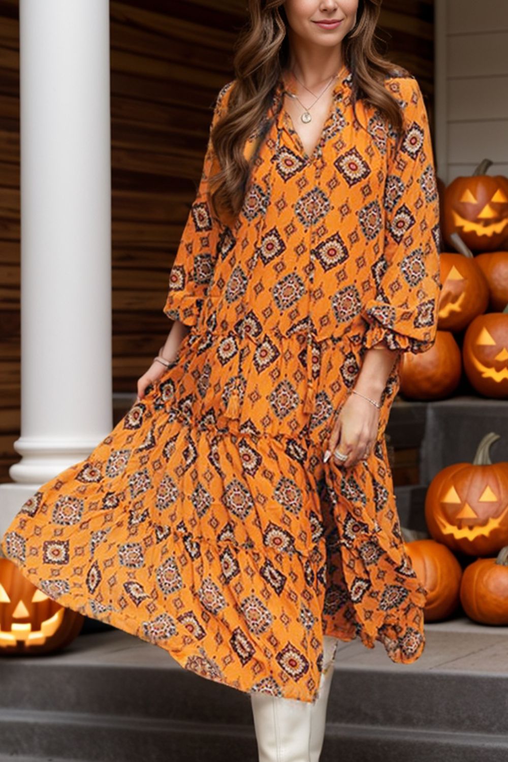 Frill Printed Tie Neck Long Sleeve Dress Orange