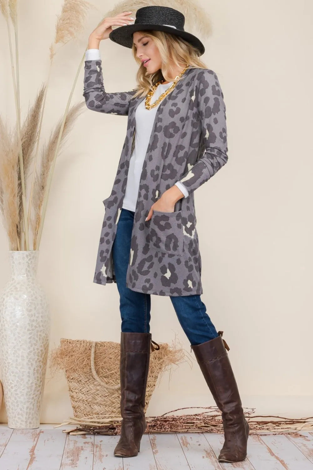 Celeste Full Size Leopard Open Front Contrast Cardigan Grey Leopard