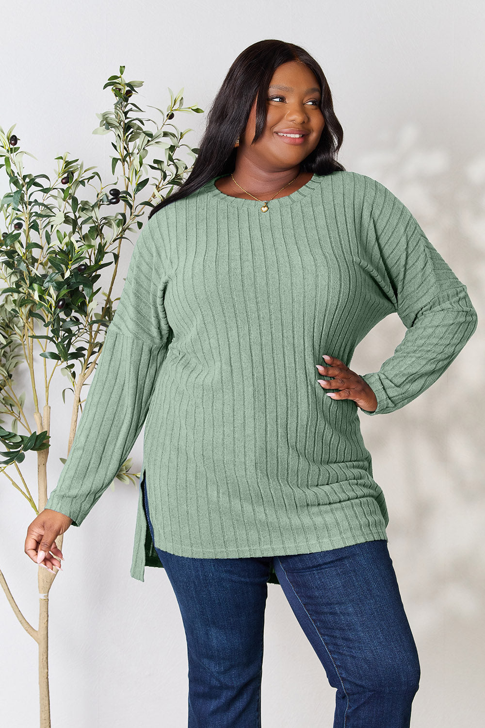 Basic Bae Full Size Ribbed Round Neck Long Sleeve Slit Top Light Green