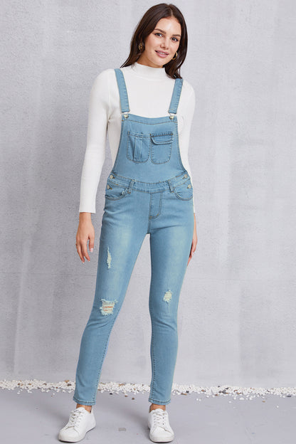 Distressed Washed Denim Overalls with Pockets Light