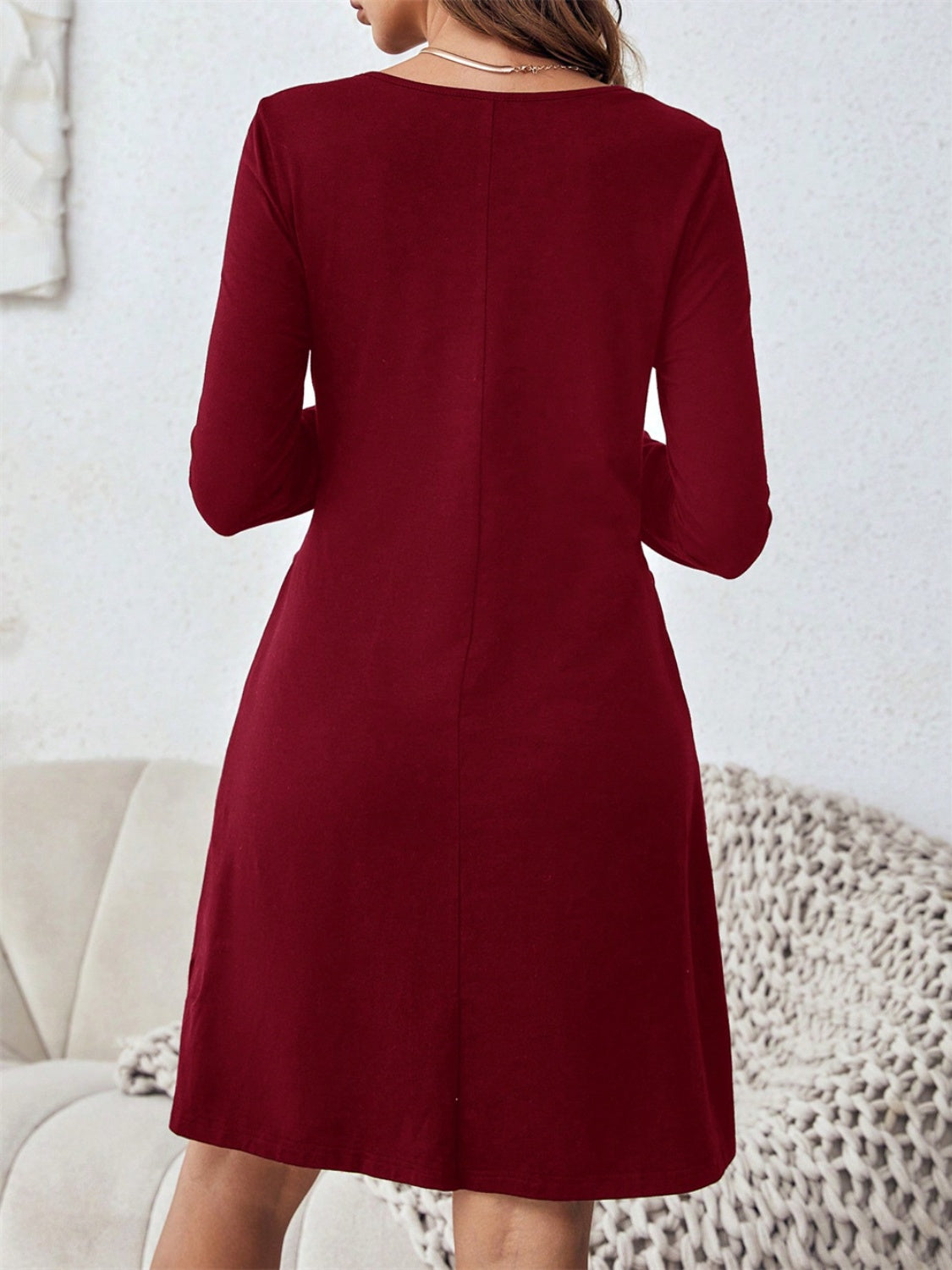 Round Neck Long Sleeve Mini Dress with Pockets Burgundy