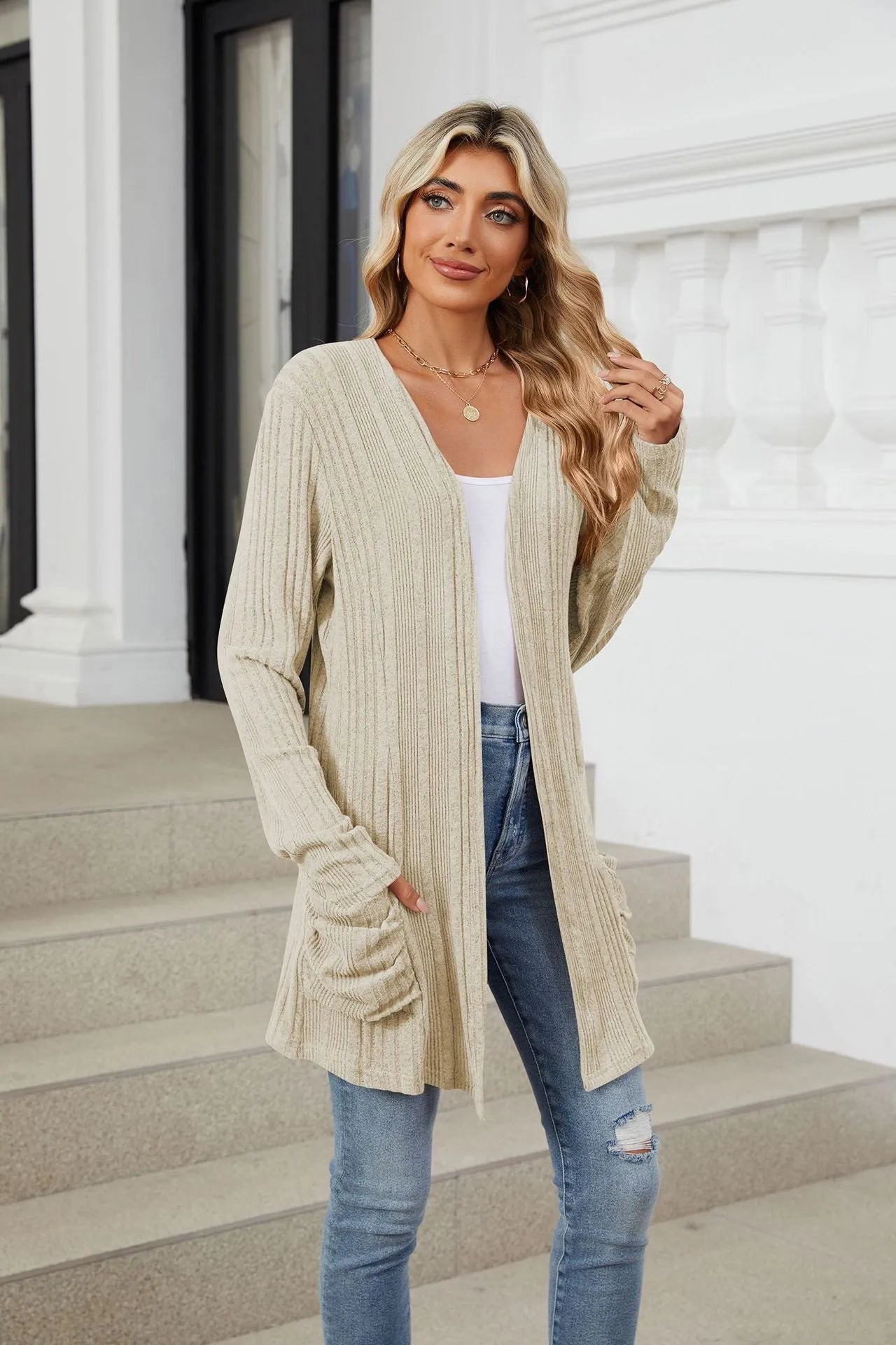 Pocketed Open Front Long Sleeve Cardigan Beige