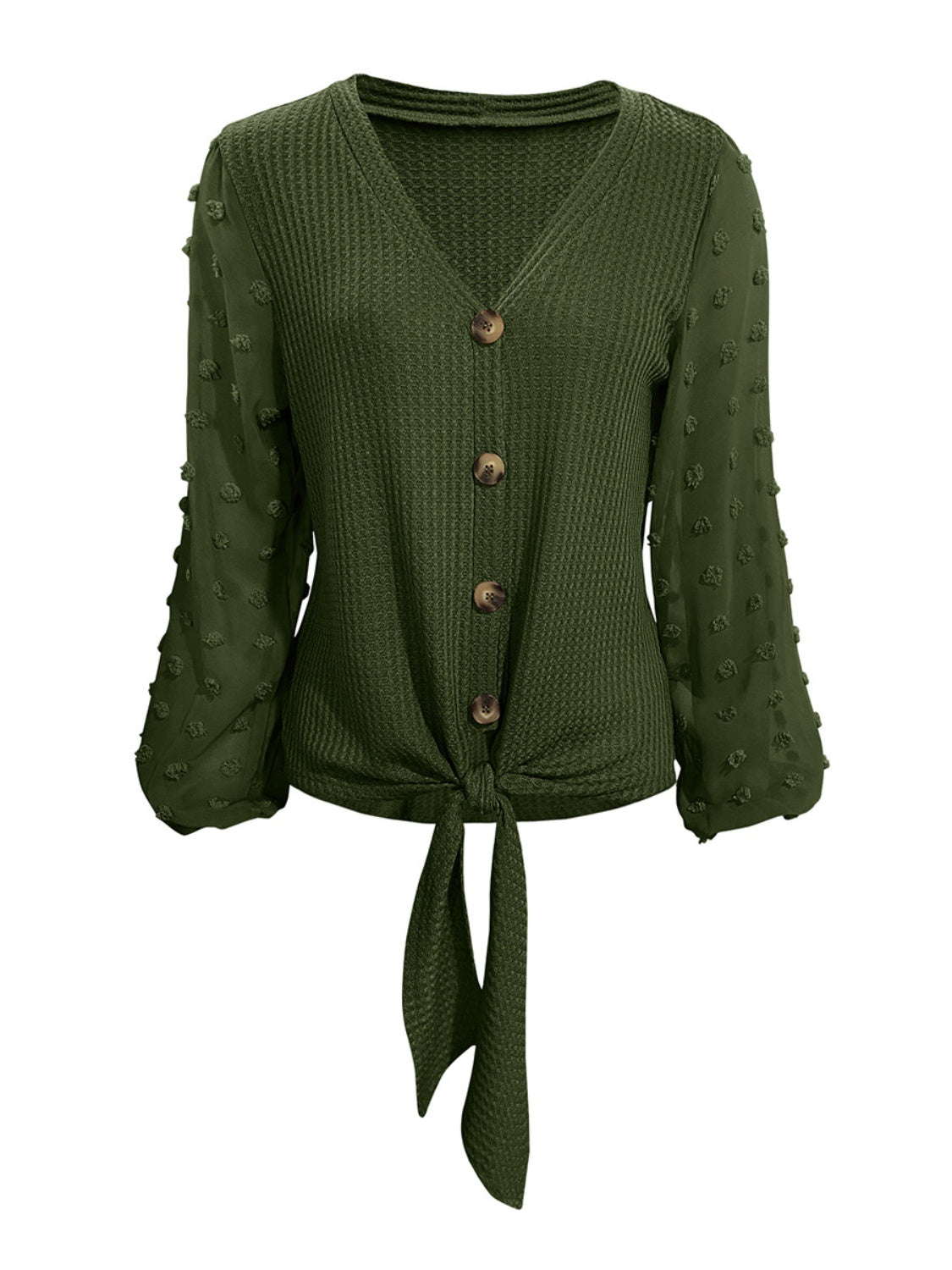 Tied Swiss Dot V-Neck Long Sleeve Blouse Army Green