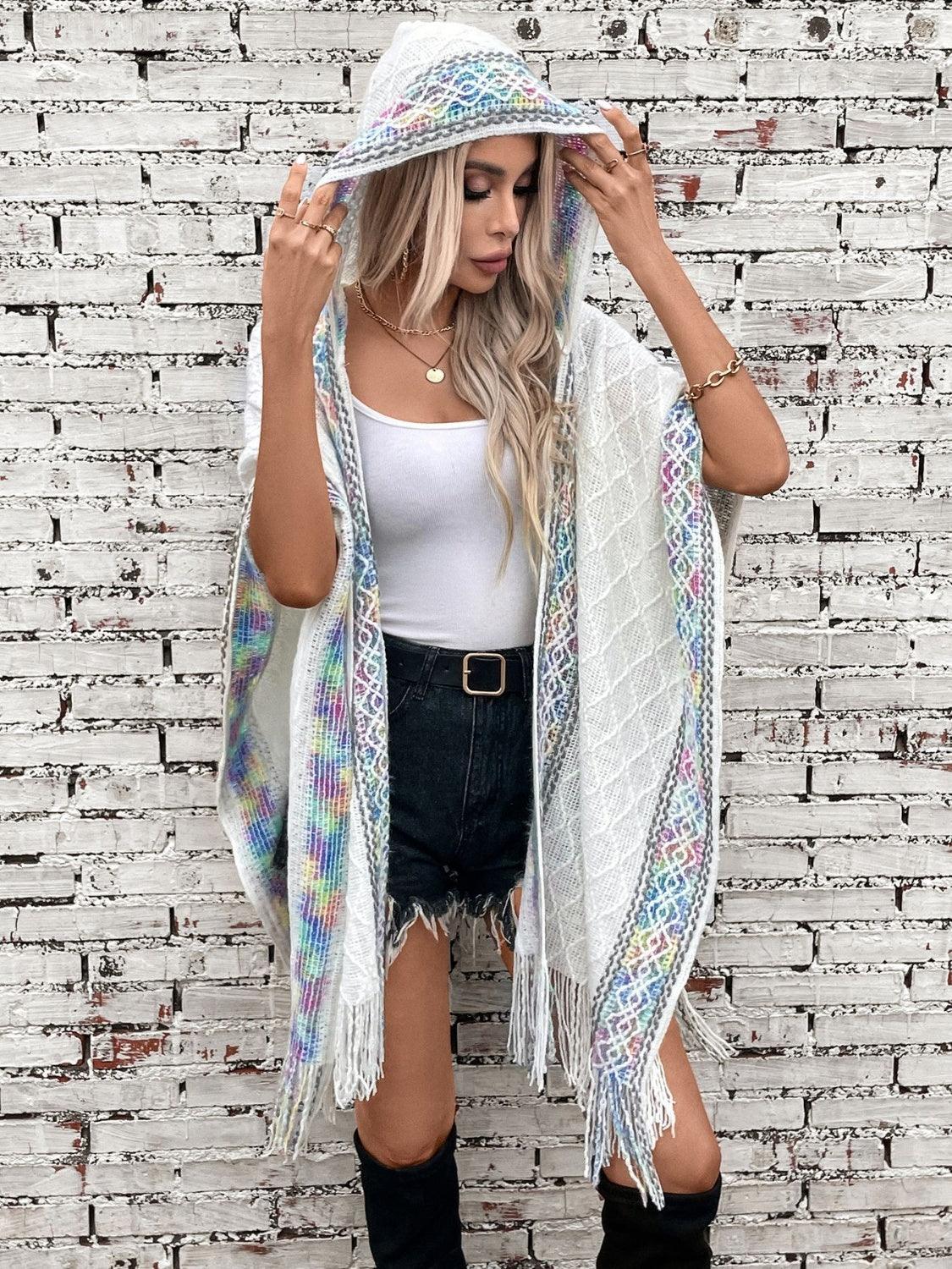 Fringe Half Sleeve Hooded Poncho White One Size