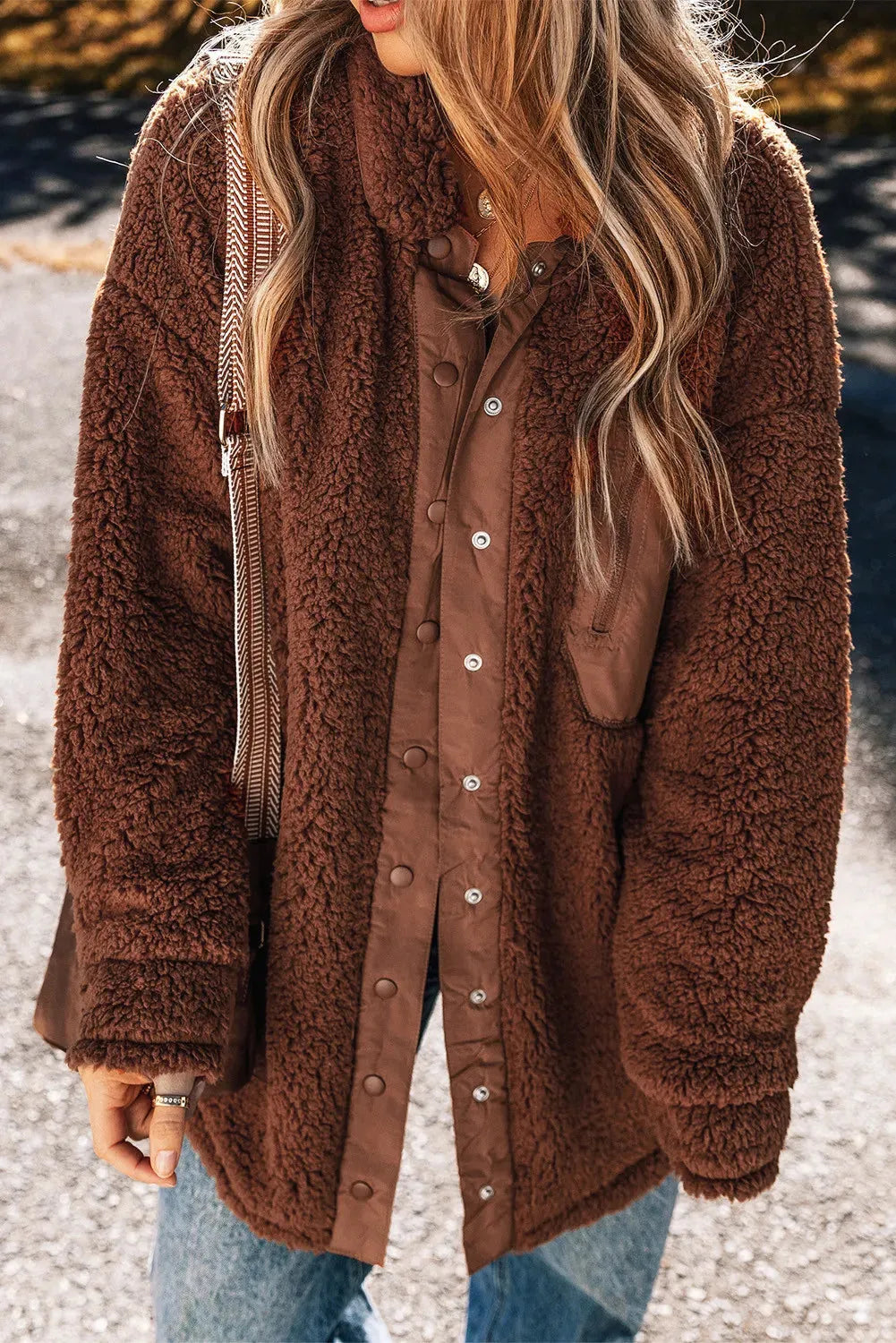 Fuzzy Snap Down Dropped Shoulder Jacket Brown