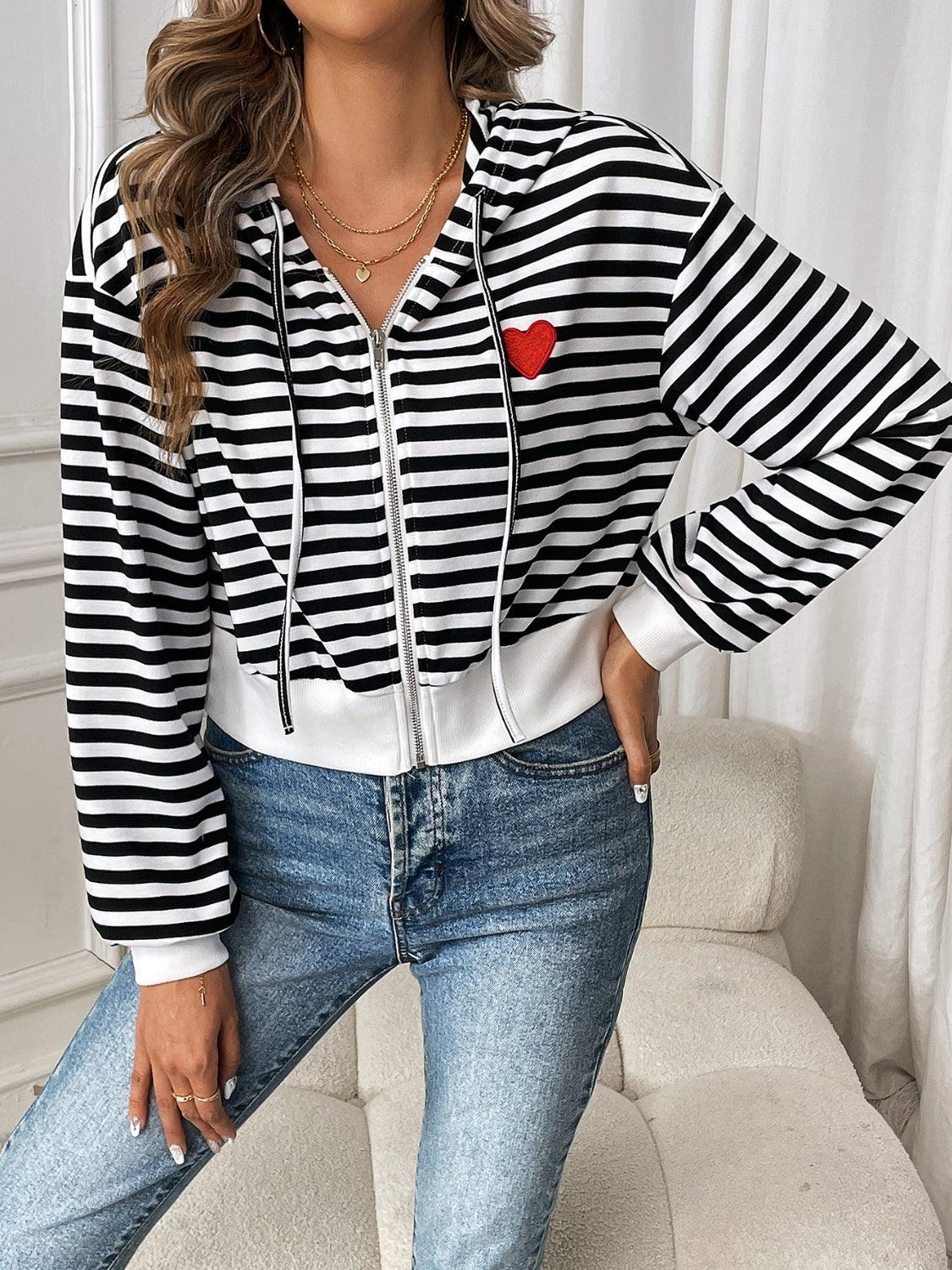 Striped Zip Up Long Sleeve Jacket White