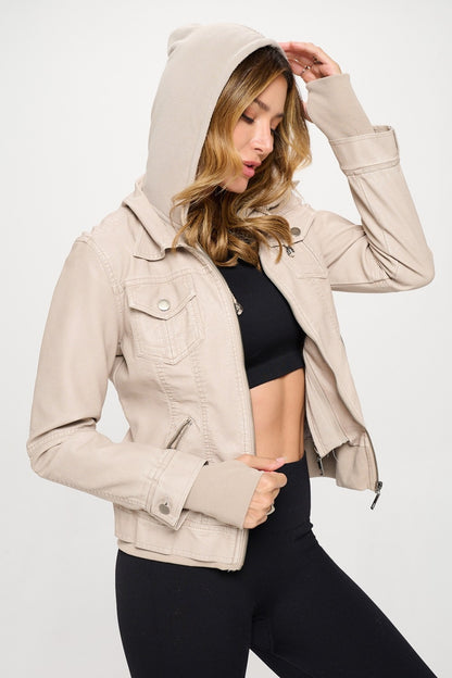 Coalition LA Double Zip Hooded Long Sleeve Jacket Cream