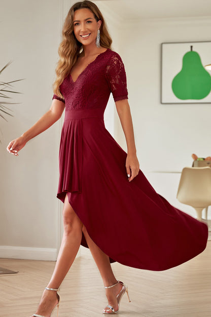 Lace Cutout V-Neck Short Sleeve Dress Burgundy